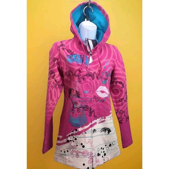 Crystal Rock Christian Audigier Hoodie Organic Cotton Rhinestone Fuscia L A115 - Picture 4 of 8
